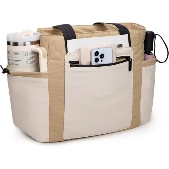 Cream Khaki Lightweight Puffer Tote Bag for Women with Laptop Compartment - Picture 5 of 7